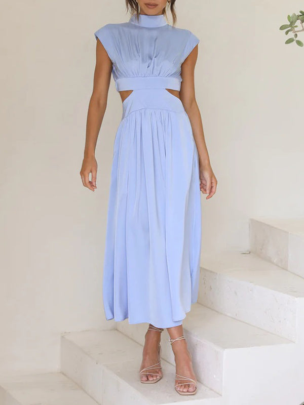 Cap Sleeve Belly-hollow Pleated Color Stand Collar Maxi Dresses