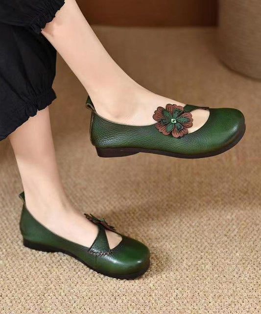 Comfortable Cowhide Leather Splicing Green Flat Shoes for