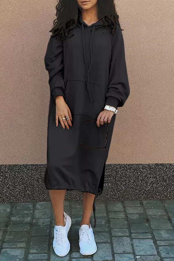 Color Hooded Lace-up Pocket Sweatshirt Style Midi Dress