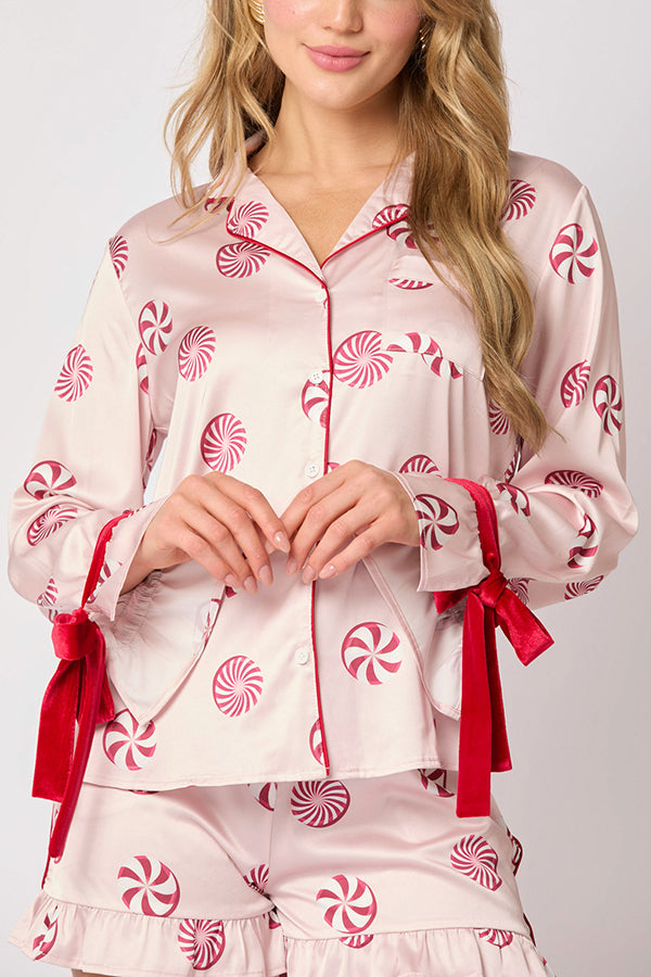 Christmas Printed Bow Tie Top and Elastic Waist Ruffle Shorts Set