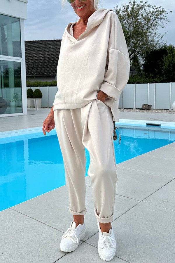 Color Loose Hooded Sweatshirt and Elastic Waist Pocket Pants Set