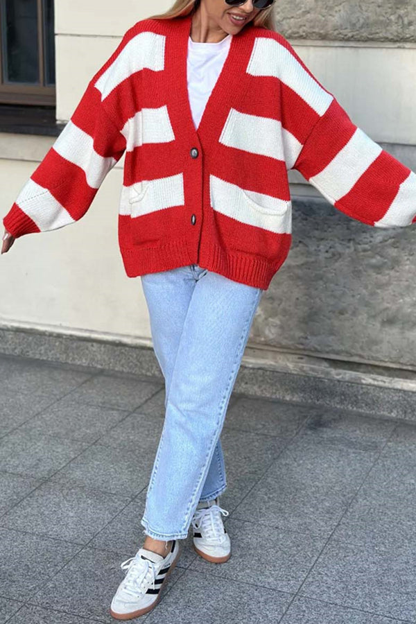V-neck Long-sleeved Striped Pocket Knitted Cardigan