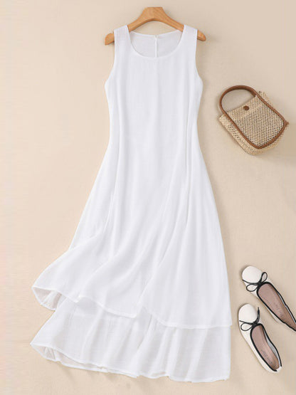 A-line Loose Double Layered Color Tied Waist Round-neck Midi Dresses