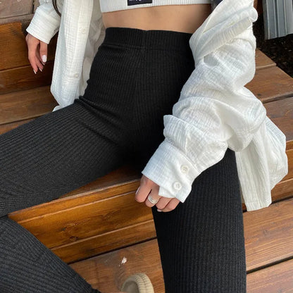 Beige Ribbed Knit Leggings High Waist Cotton Fitness Basic Pants Spring New All-match Female Skinny Leggings