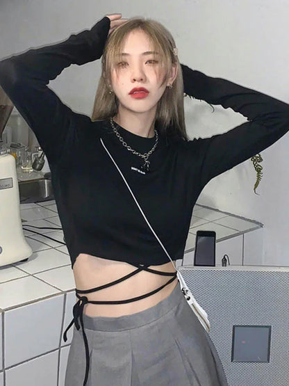 Long Sleeve T-shirts Design Crop Ins Prevalent Bandage Tops Harajuku Ulzzang Street Spring Female Ropa Hot Skinny New