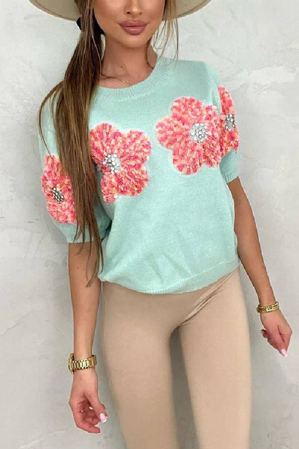 Crewneck Short Sleeves 3d Flower Sweater Top