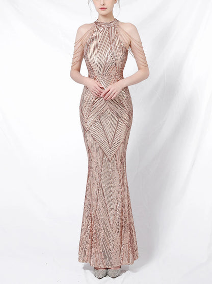 Halter Neck Sequined Evening Dresses Crystal Tassel Hip Skirt Sleeveless Rhinestone Decoration Long Dress