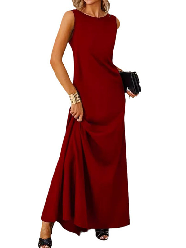 A-line Loose Color Round-neck Maxi Dresses