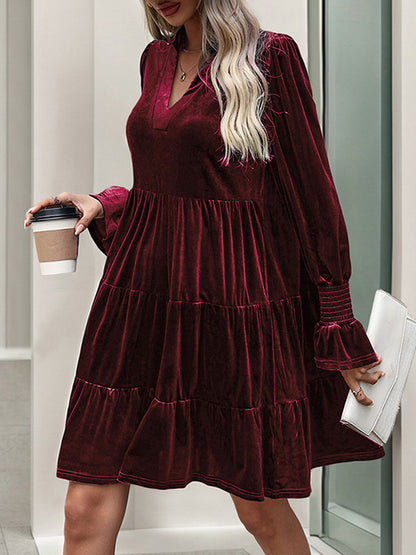A-line Long Sleeves Pleated Color Velvet V-neck Mini Dresses