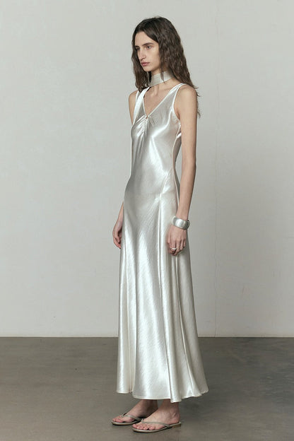 Simple Satin V Neck Loose Maxi Dress