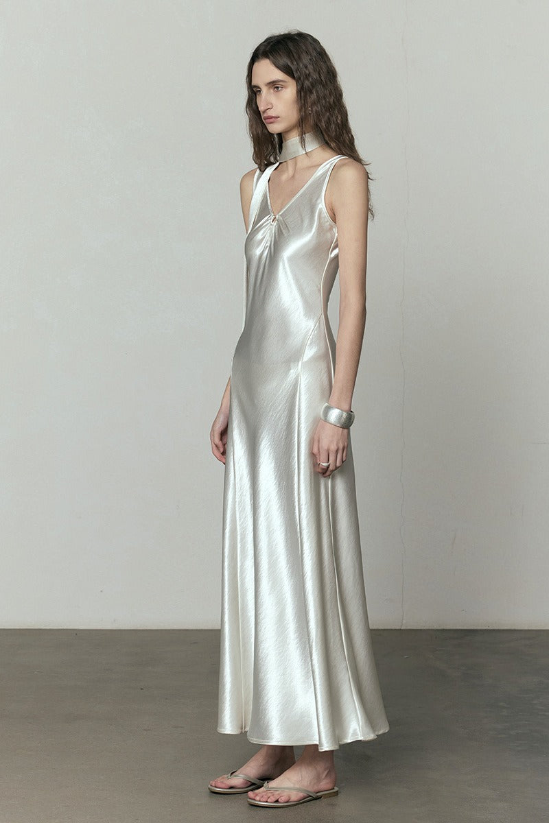 Simple Satin V Neck Loose Maxi Dress