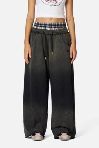 Washed Plaid Patchwork Double Waist Low Rise Pants