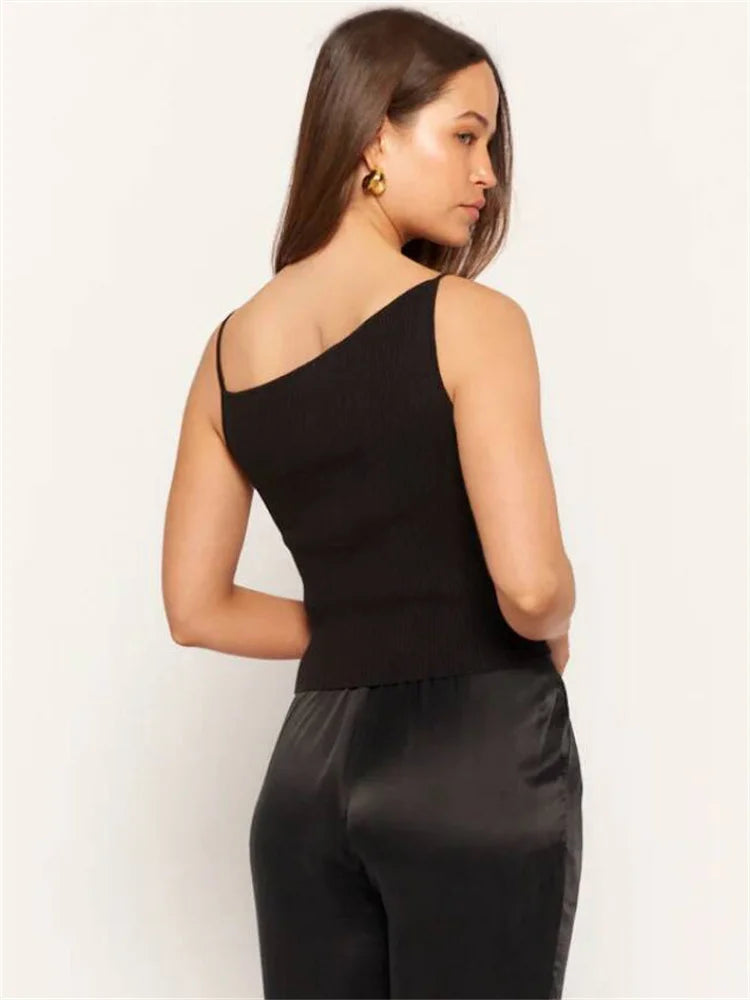 Black Ribbed T-shirt Top for Pullover Spaghetti Patchwork Sleeveless Summer Slim Body Top Female