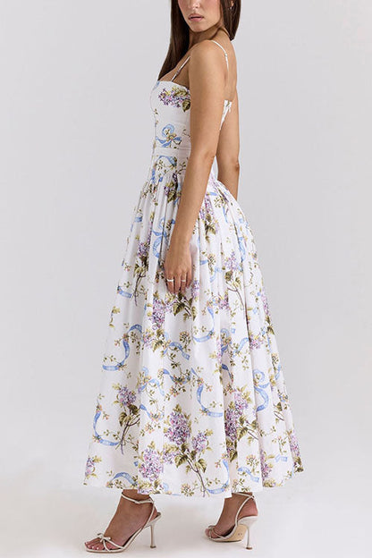 Moxidress Spaghetti Strap Print Bustier A-line Maxi Dress