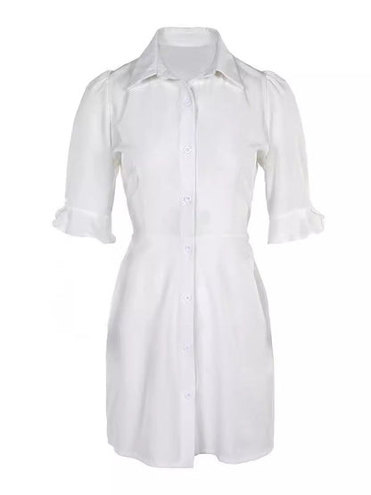 A-line Flared Sleeves Buttoned Pleated Pockets Color Split-joint Lapel Mini Dresses Shirt Dress