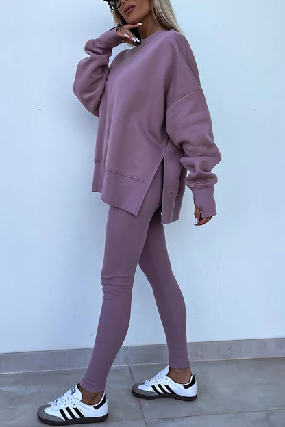 Color Loose Long Sleeve Slitsweatshirt and Elastic Waist Tight Pants Set