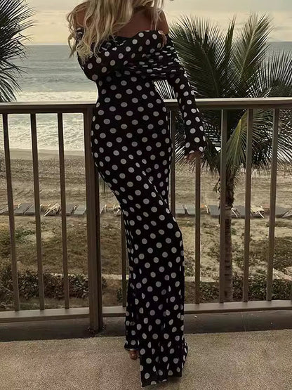 Long Sleeves Skinny Pleated Polka-dot Split-joint Tube Maxi Dresses