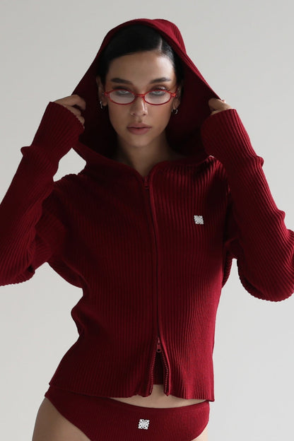 Zip Up Cropped Hooded Knit Sweater