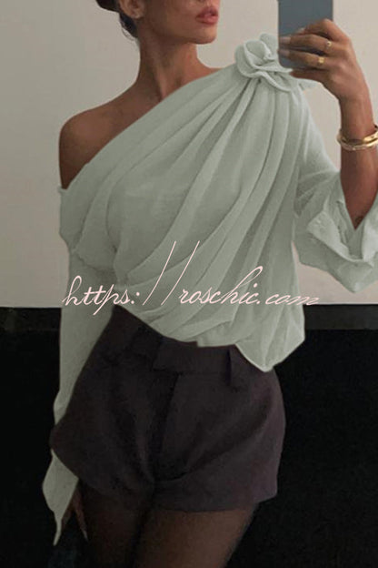Three Dimensional Flower Tulle Off Shoulder Long Sleeved Blouse