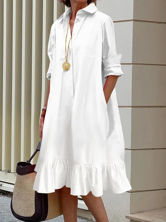 Long Sleeves Loose Pleated Ruffled Color Split-joint Lapel Midi Dresses Shirt Dress