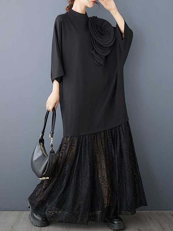 Long Sleeves Loose Color Split-joint Three-dimensional Flower Mock Neck Maxi Dresses