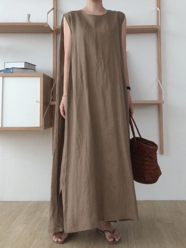 Simple Color Split-side Round-neck Sleeveless Midi Dress