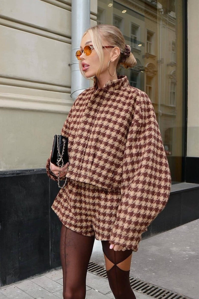 Houndstooth Zip Jacket and Shorts Two Piece Set