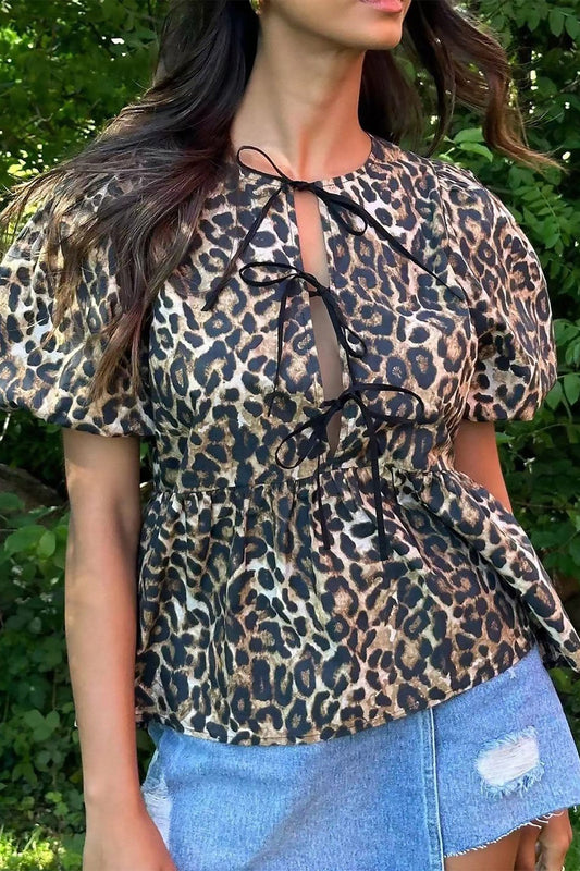 Leopard Print Cinched Lantern-sleeve Slim Blouse
