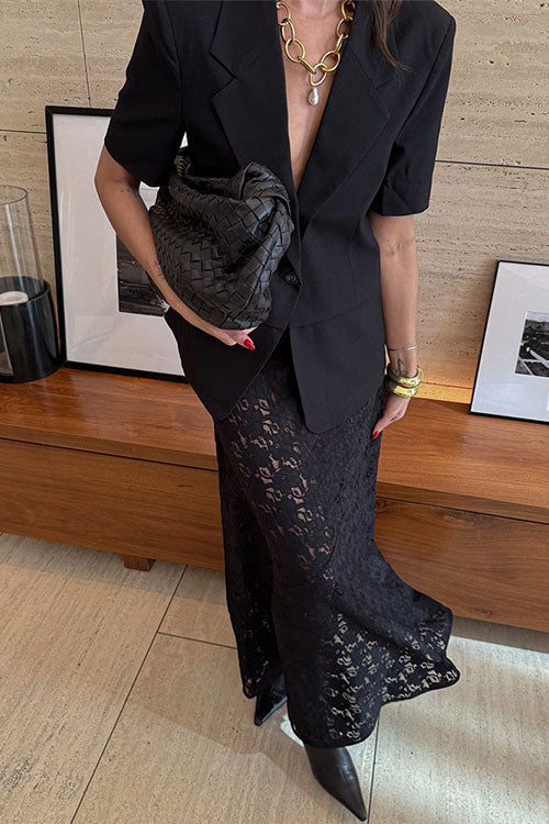 Elastic Waistband Lace Hollow Out Maxi Skirt