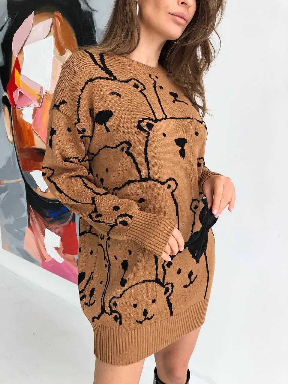 Smiley Polar Bear Knit Sweater Dress - Brown