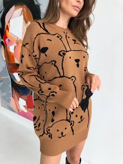 Smiley Polar Bear Knit Sweater Dress - Brown