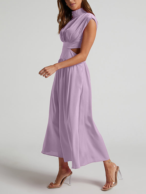 Cap Sleeve Belly-hollow Pleated Color Stand Collar Maxi Dresses