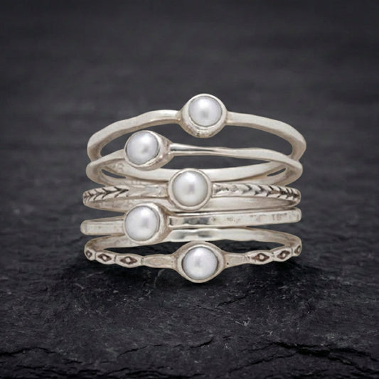 Vintage Inlaid Pearls Layered Silver Ring