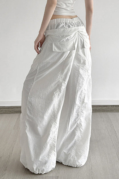 White Drawstring Wide-leg Cargo Pant