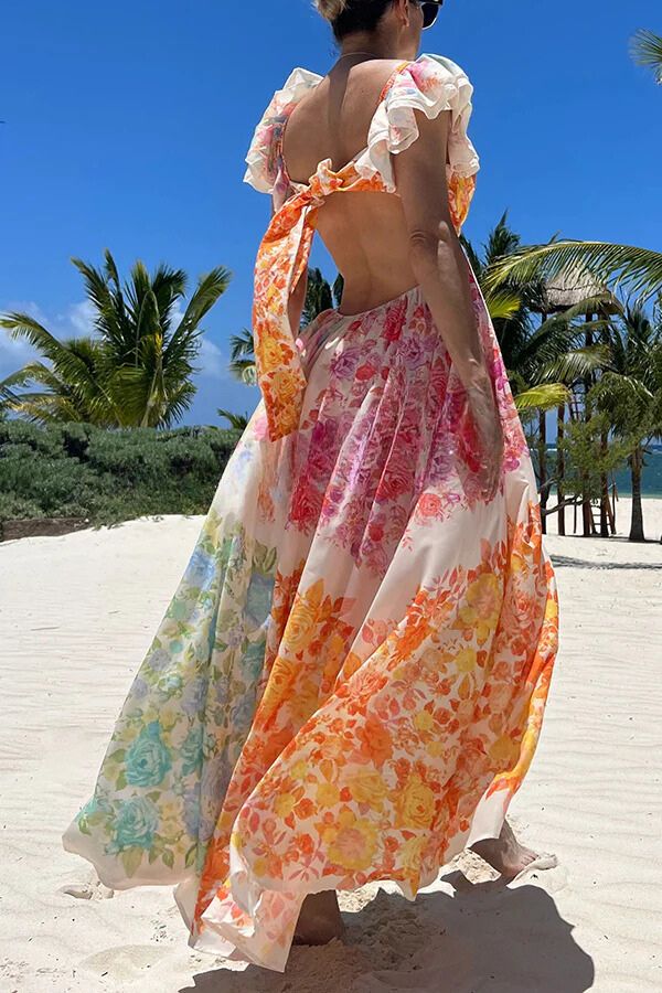 Blooming Beauty Multicolor Frill Cutout Back Tie-up Maxi Dress