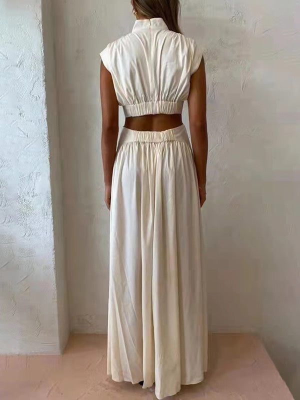 Vacation Loose Sleeveless Hollow Color Stand Collar Maxi Dresses