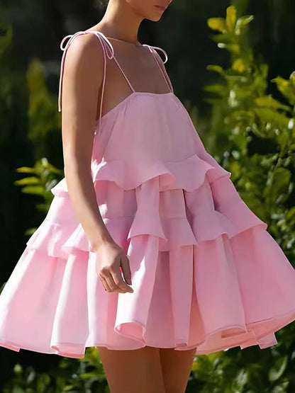 High Waisted Loose Backless Layered Pleated Color Tied Spaghetti-neck Mini Dresses