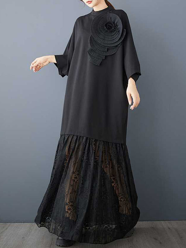 Long Sleeves Loose Color Split-joint Three-dimensional Flower Mock Neck Maxi Dresses
