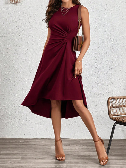 A-line High Waisted Asymmetric Pleated Color Split-joint Round-neck Midi Dresses