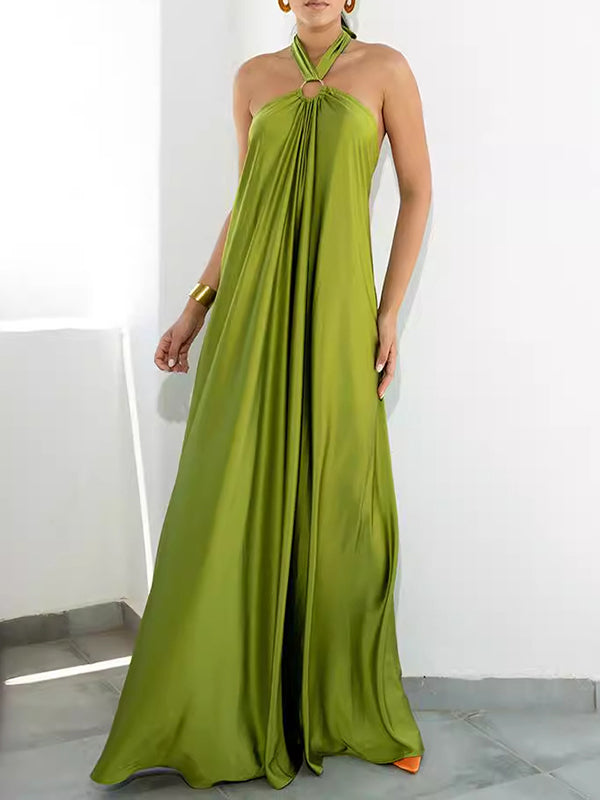 A-line Loose Backless Color Tied Halter-neck Maxi Dresses