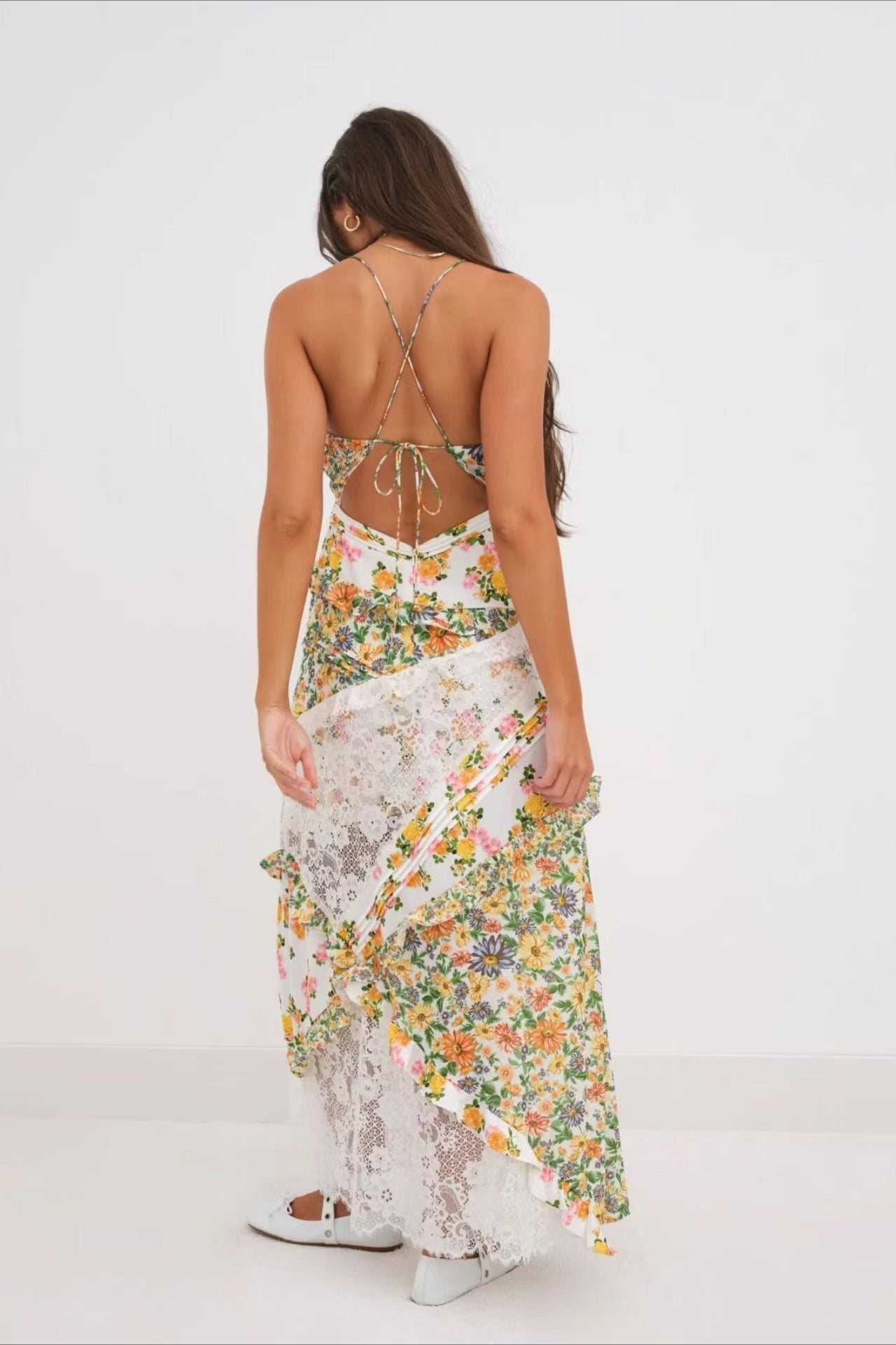 Deep V Ruffle Lace Patchwork Cami Maxi Dress