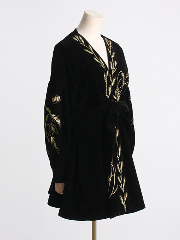 Loose Puff Sleeves Embroidered Tied Waist V-neck Mini Dresses