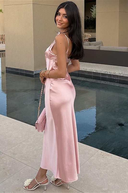 Satin Strapless V Neck Tie Maxi Dress