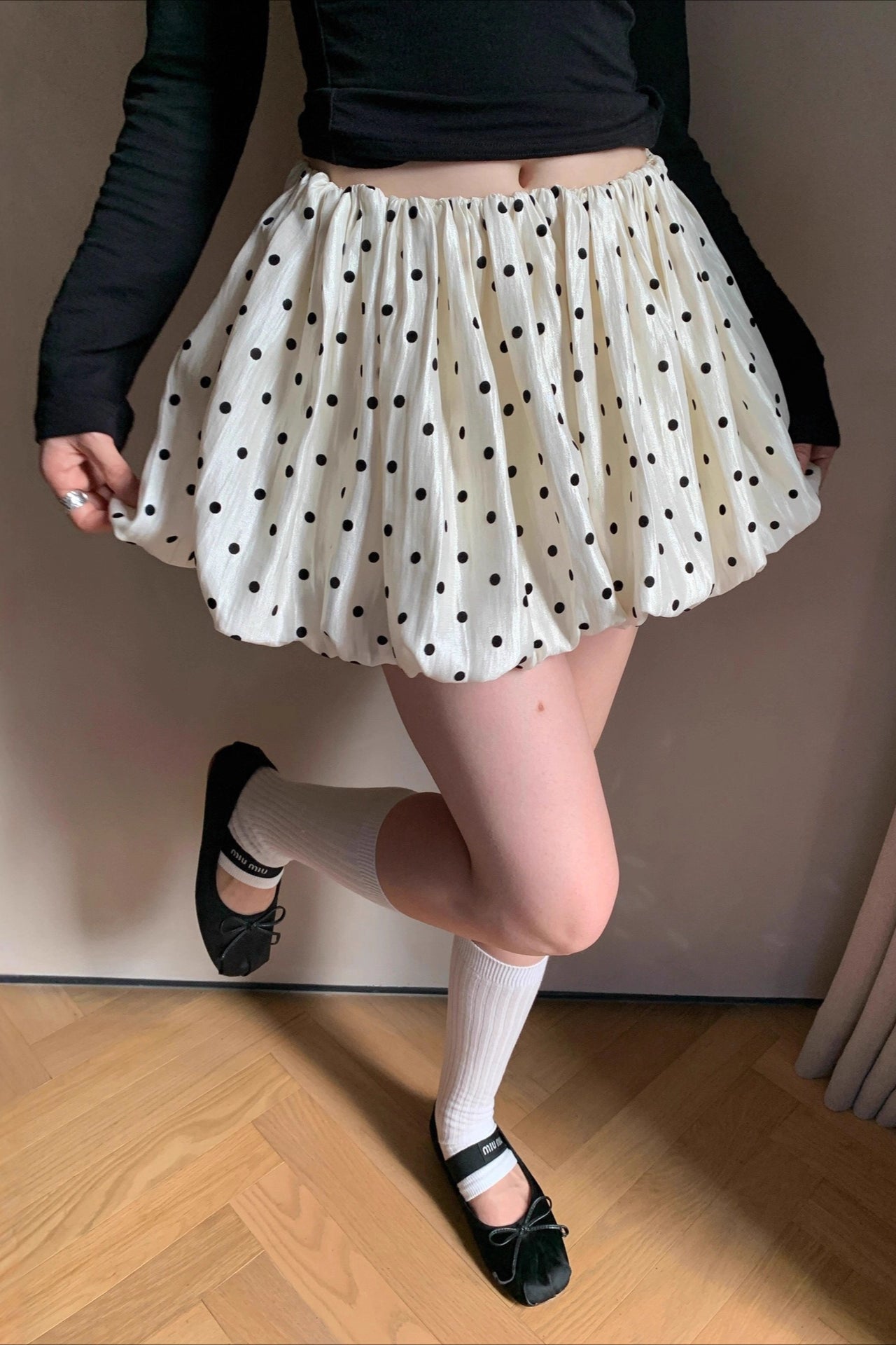 Retro Polka Dot Elastic Waist a Line Mini Skirt