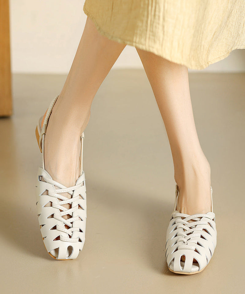 Brown Cowhide Leather Flat Sandals Splicing Hollow Out Breathable