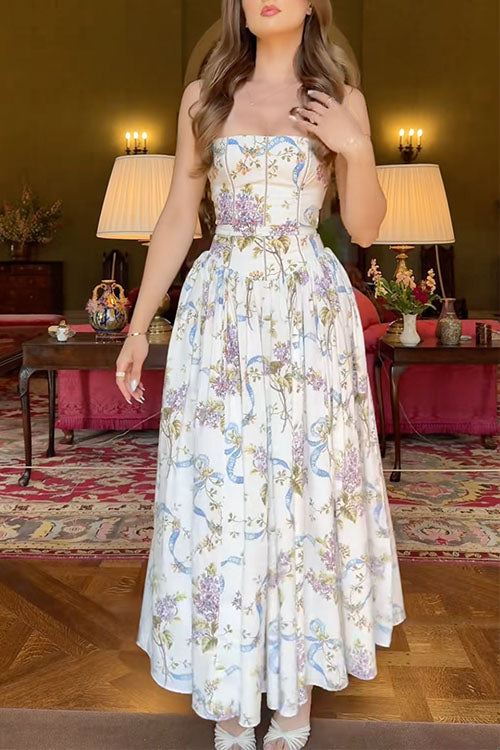 Moxidress Spaghetti Strap Print Bustier A-line Maxi Dress