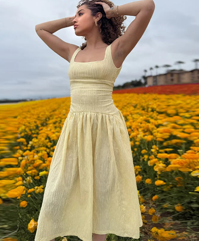 Pleated Slip Dress Backless Midi Dress
