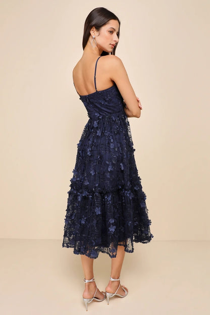 Springtime Soiree Navy Black Sequin 3d Applique Midi Dress