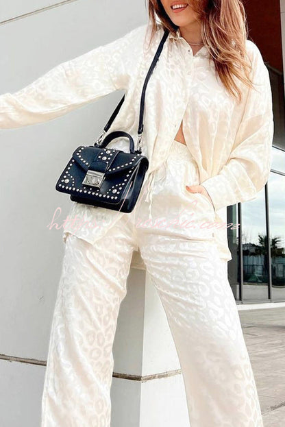 Leopard Print Jacquard Long Sleeved Shirt With Elastic Waist and Pant Two Piece Set
