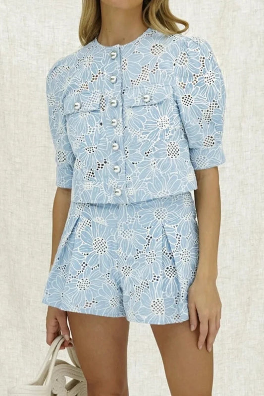 Joyce Embroidered Blouse & Shorts Set